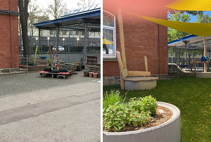 Aus einem grau betonierten Schulhof ist bei der AKtion "Schulhofträume" des Deutschen Kinderhilfswerkes ein grüner Garten geworden. 