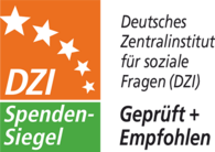 Auf orangem und gründen Untergrund stehen die Worte "DZI Spenden-Siegel". 