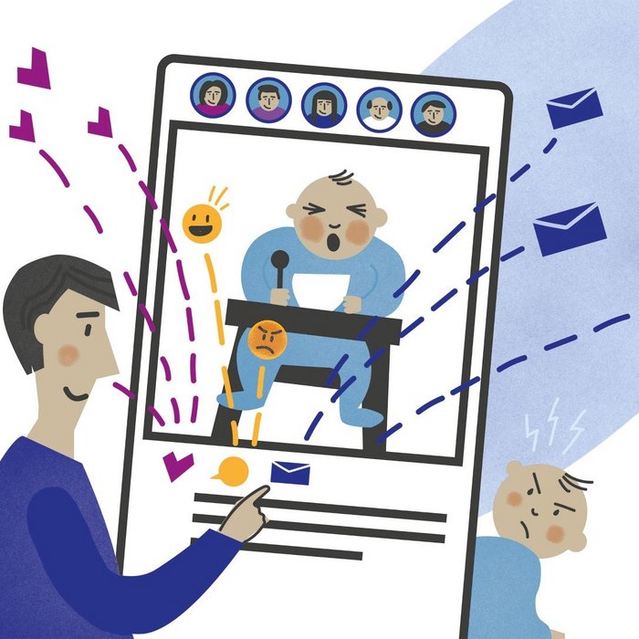 Illustration von einem Erwachsenen, der ein Babyfoto online auf Social Media  versendet ohne das Kind zu fragen