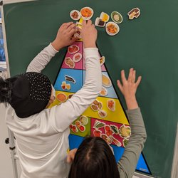 Kinder kleben eine Lebensmittelpyramide an eine Tafel. 